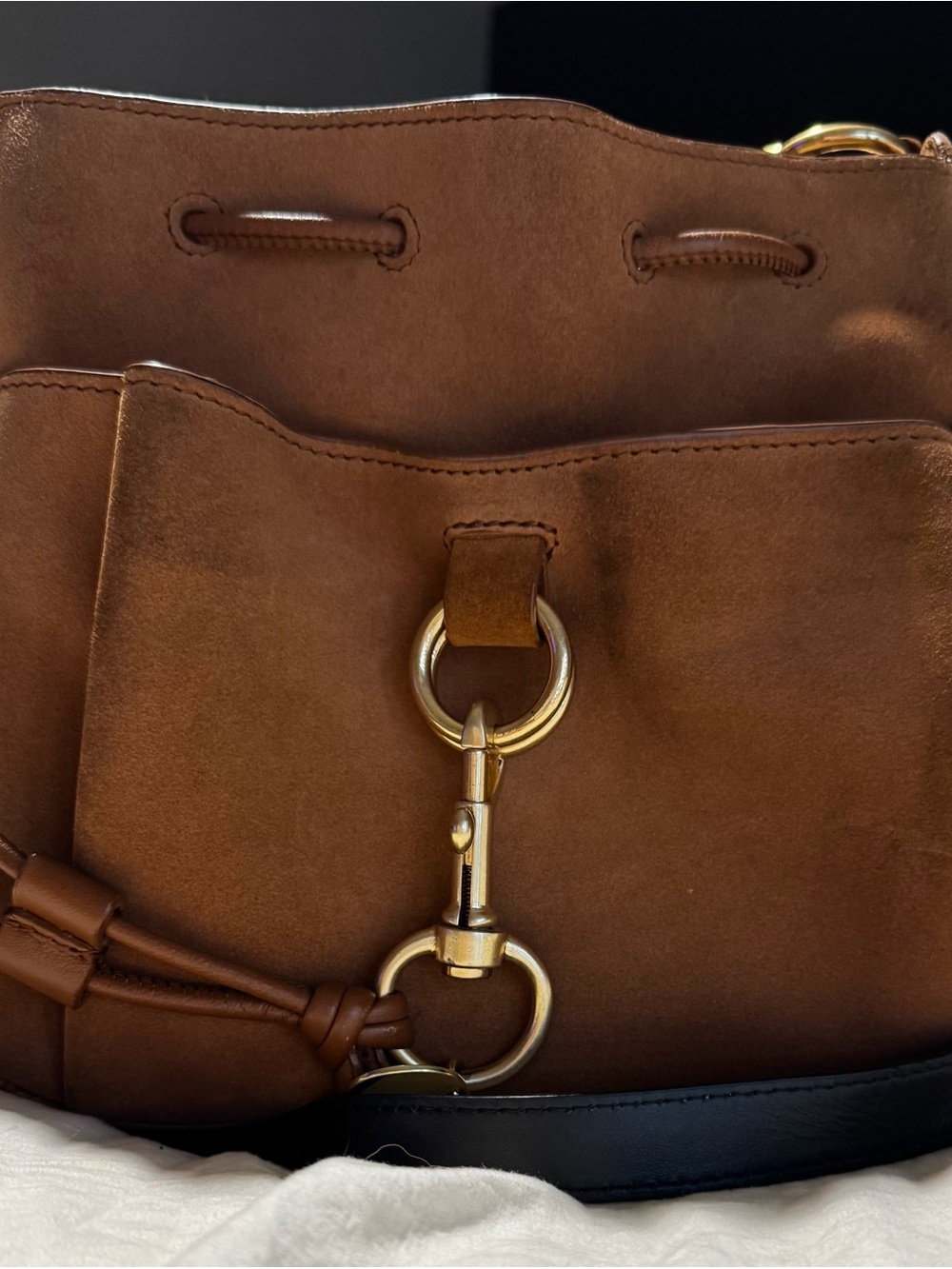 See By Chloe Brown Suede & Leather Bucket Bag / Crossbody Purse Gold Black